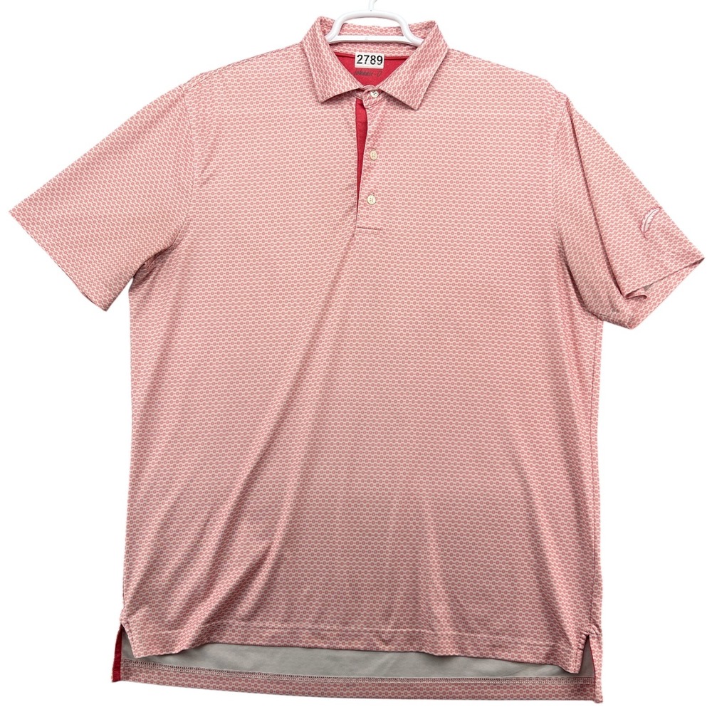 Johnnie-O Mens Large Red Geometric Floral Performance Polo Shirt Short Sleeve